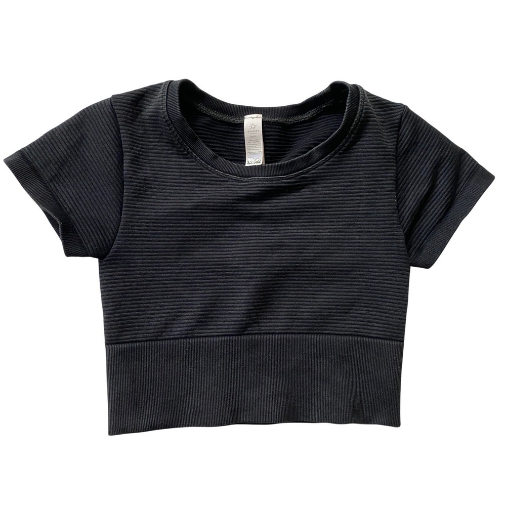 Baby Tee Offline by Aerie Womens XS‎ Black Seamless Ribbed Short Sleeve Crop Top